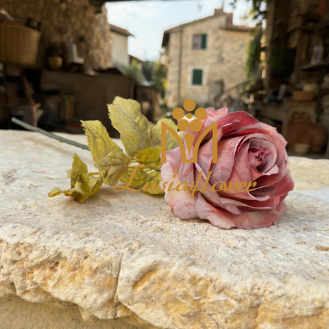 Artificial Single Stem Vintage Rose 66cm Faux Dusty Pink Antique Rose with Withered Leaves for Rustic Wedding Home Decor Wholesale
