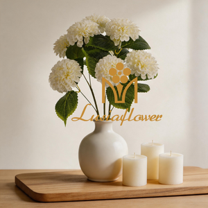Artificial 9-Fork Pompon Chrysanthemum Bouquet Bunch 53cm Cream White Round Ball Flower with Broad Veined Foliage for Wedding Floral Filler Table Decor Wholesale