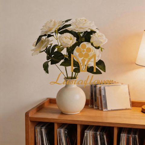 Artificial 9-Head Guocheng Rose Bouquet Bunch 55cm Cream White Mixed Semi-Open & Full Blooms with Dark Green Foliage for Wedding Floral Filler Home Vase Decor Wholesale