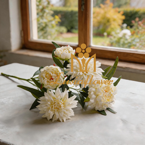 Artificial 5 Heads Peony & Dahlia Half Bouquet Stem 43cm Faux Cream White Mixed Flower Branch with Green Foliage for Wedding Home Vase Decor Wholesale