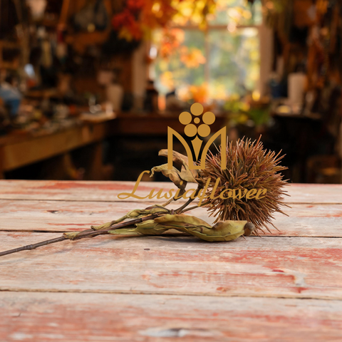 Artificial Dried Look Spiky Ball Stem 63cm Faux Brown Thistle Bloom with Withered Leaves for Rustic Autumn Wedding Decor Wholesale