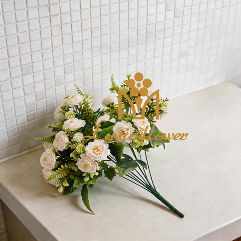 Artificial 10 Forks Cotton Rose Bouquet Bunch 46cm Faux Cream White Layered Rose Bloom with Mixed Fern Greenery for Rustic Wedding Home Vase Decor Wholesale