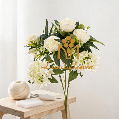 Artificial 15 Heads Rose & Five-Point Small Orchid Bouquet 60cm Faux Cream White Mixed Flower Bunch with Assorted Green Foliage for Wedding Home Vase Decor Wholesale