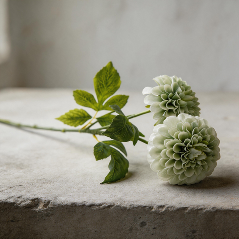 Artificial 2-Head Sage Green Ball Dahlia Stem 61cm Faux Pompon Dahlia Spray with Serrated Foliage for Modern Floral Arrangements Wedding Decor