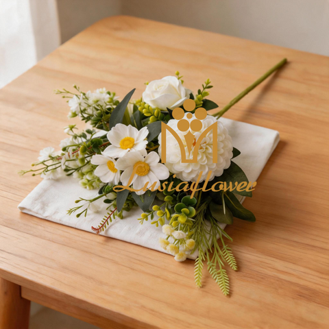 Artificial 8-Head Pompon Chrysanthemum Fan-Shaped Floral Stem 50cm Cream White with Wild Cosmos & Fern Foliage for Wedding Arch Aisle Filler Wild Garden Decor Wholesale