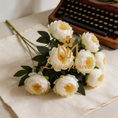 Artificial 9-Head New Peony Bouquet Bunch 57cm Cream White with Pale Yellow Center & Dark Green Foliage for Elegant Wedding Home Vase Decor Wholesale