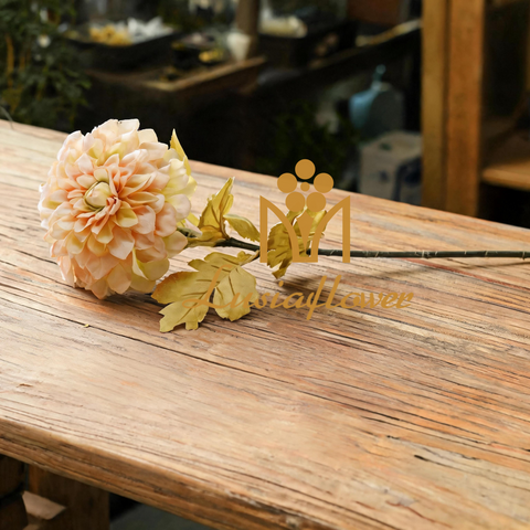 Artificial Single Stem Dutch Dahlia 70cm Faux Warm Apricot Cream Dahlia with Textured Autumn Leaves for Rustic Vintage Wedding Home Vase Decor Wholesale