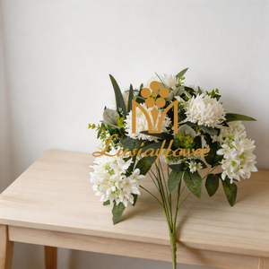 Artificial 15 Heads Chrysanthemum & Five-Point Small Orchid Bouquet 60cm Faux Cream White Mixed Flower Bunch with Assorted Green Foliage for Wedding Home Vase Decor Wholesale