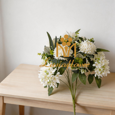 Artificial 15 Heads Chrysanthemum & Five-Point Small Orchid Bouquet 60cm Faux Cream White Mixed Flower Bunch with Assorted Green Foliage for Wedding Home Vase Decor Wholesale