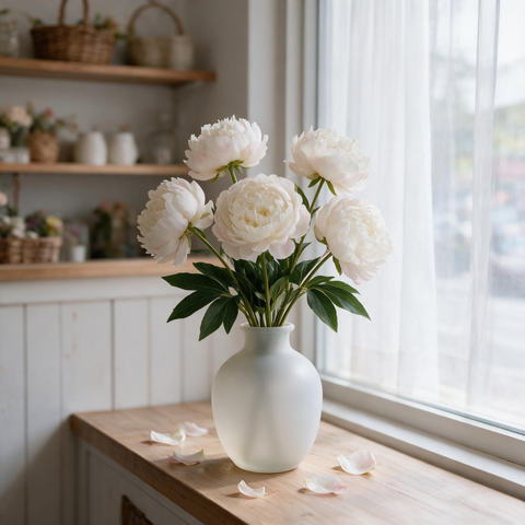 Single Stem Artificial Peony Flower White Faux Peony Bloom with Leaves for Wedding Bouquet Home Vase Floral Arrangement Wholesale