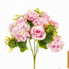 Artificial 15-Head No.21 Rose & Curled-Petal Hydrangea Bouquet 62cm Cream White with Lotus Leaf & Broad Veined Foliage for Tall Floor Vase Large Wedding Decor Wholesale