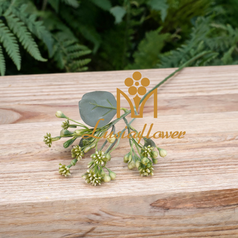 Artificial Spiky Small Bean Flower Single Stem 43cm Faux Berry Bud Spray With Eucalyptus Leaves for Wedding Centerpiece Bridal Arch Home Vase Decor Wholesale