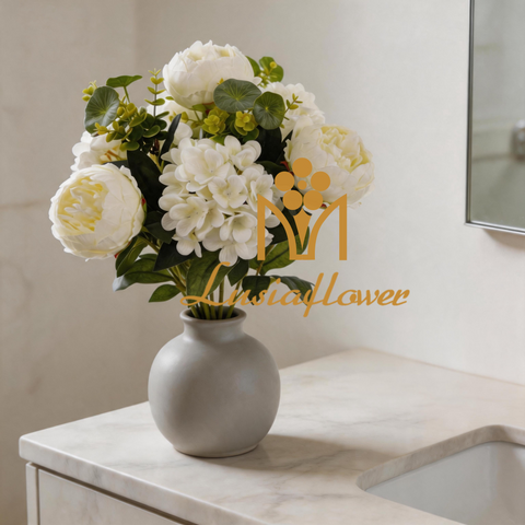 Artificial 10 Heads No.4 Peony & Hydrangea Bouquet Bunch 55cm Cream White with Lotus Leaf Greenery for Elegant Wedding Premium Home Decor Wholesale