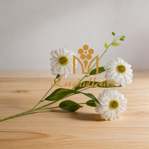Artificial Zinnia Single Stem 76cm Faux White Daisy‑Like Flower Spray With Green Leaves for Wedding Centerpiece Bridal Arch Home Vase Decor Wholesale