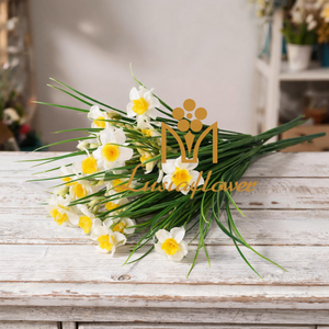 Artificial 7 Fork Plastic Mini Daffodil Bush 37cm Faux White Yellow Daffodil Grass Spray for Spring Wedding Home Vase Decor Wholesale