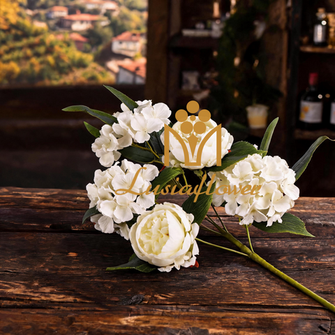Artificial 5 Heads Peony Hydrangea Fan-Shaped Bouquet Stem 47cm Faux Cream White Mixed Flower Branch with Green Foliage for Wedding Home Vase Decor Wholesale