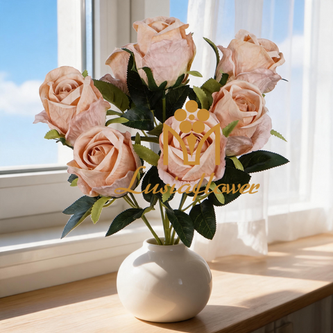 Artificial 7 Forks Rose Bouquet Bunch 45cm Faux Cream Champagne Rose Bush with Green Foliage for Wedding Table Centerpiece Home Vase Decor Wholesale