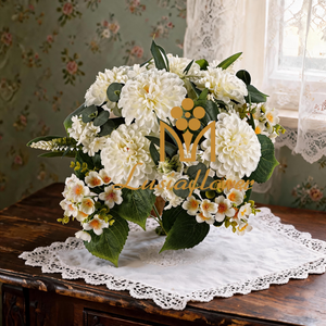 Artificial Ball Chrysanthemum Bouquet 15 Heads 57cm Mixed Faux Flower Bunch With Assorted Blooms & Green Foliage for Wedding Centerpiece Bridal Arch Home Vase Decor Wholesale