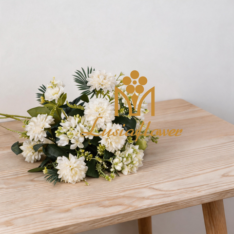 Artificial 11 Forks Dahlia & Snow Orchid Fan-Shaped Bouquet Stem 55cm Faux Cream White Mixed Flower with Tropical Greenery for Wedding Home Vase Decor Wholesale