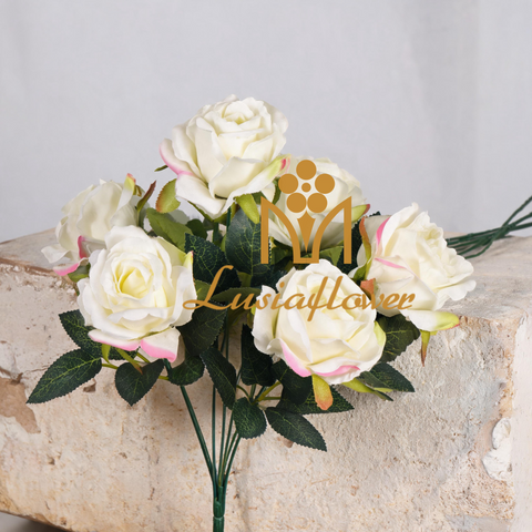 Artificial 7 Fork Rose Bouquet 36cm Faux Cream White Rose with Pink Tips Flower Bush for Wedding Centerpiece Home Vase Decor Wholesale