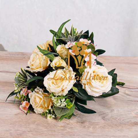 Artificial 17 Heads Rose Mixed Bouquet 55cm Faux Cream White Rose Bush with Filler Flowers & Greenery for Wedding Table Centerpiece Home Vase Decor Wholesale