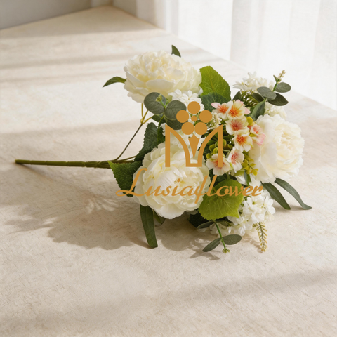 Artificial 7-Fork Peony Fan-Shaped Floral Stem 45cm Cream White with Pink-Centered Blossoms & Eucalyptus Foliage for Wedding Aisle Filler Table Vase Decor Wholesale