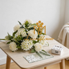 Artificial 12 Heads Chrysanthemum & Five-Point Small Orchid Bouquet 53cm Faux Cream White Mixed Flower Bunch with Assorted Green Foliage for Wedding Home Vase Decor Wholesale
