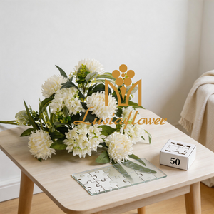 Artificial 12 Heads Chrysanthemum & Five-Point Small Orchid Bouquet 53cm Faux Cream White Mixed Flower Bunch with Assorted Green Foliage for Wedding Home Vase Decor Wholesale