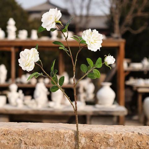 Artificial 4 Heads White Rose Stem 73cm Faux Long Stem Rose Branch With Green Leaves For Wedding Arch Home Floor Vase Decor Wholesale