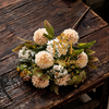 Artificial 12 Heads Chrysanthemum Half Bouquet Stem 54cm Faux Dusty Apricot Pink Ball Dahlia Mix with White Blooms & Autumn Foliage for Rustic Wedding Home Vase Decor Wholesale