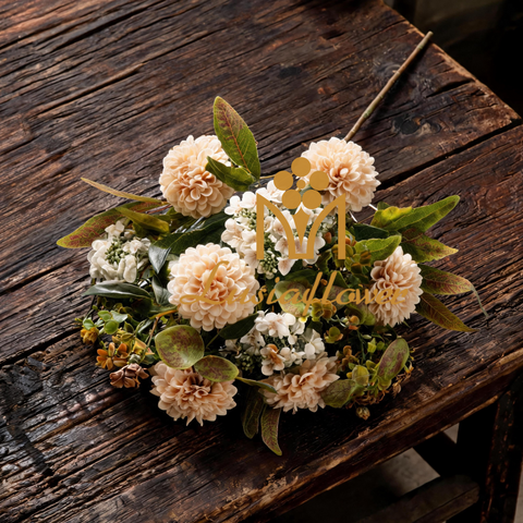 Artificial 12 Heads Chrysanthemum Half Bouquet Stem 54cm Faux Dusty Apricot Pink Ball Dahlia Mix with White Blooms & Autumn Foliage for Rustic Wedding Home Vase Decor Wholesale
