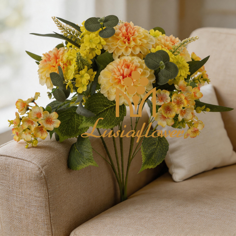Artificial 15-Fork Pompon Chrysanthemum Bouquet 59cm Cream White with Orange-Center Blossoms & Spike Grass for Tall Vase Wedding Aisle Decor Wholesale