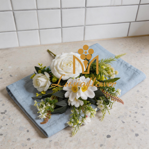 Artificial 8-Head No.10 Rose Fan-Shaped Floral Stem 50cm Cream White with Wild Cosmos & Fern Foliage for Wedding Arch Aisle Filler Wild Garden Decor Wholesale