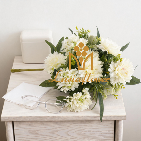 Artificial 12 Heads No.7 Dahlia & Five-Point Small Orchid Bouquet Stem 53cm Faux Cream White Mixed Flower Bunch with Assorted Green Foliage for Wedding Home Vase Decor Wholesale