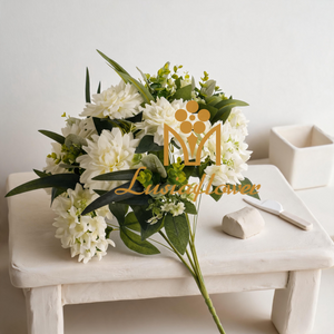 Artificial 15 Heads No.7 Dahlia & Five-Point Small Orchid Bouquet 60cm Faux Cream White Mixed Flower Bunch with Assorted Green Foliage for Wedding Home Vase Decor Wholesale