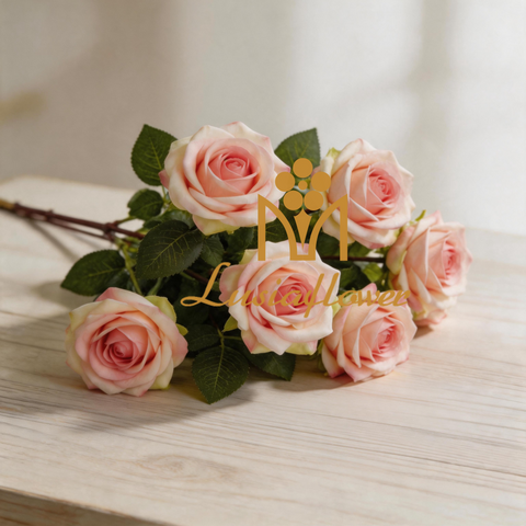 Artificial 7-Head Xuanli Rose Bouquet Bunch 52cm Pink Yellow Gradient with Brown Woody Stems & Serrated Foliage for Romantic Wedding Home Vase Decor Wholesale