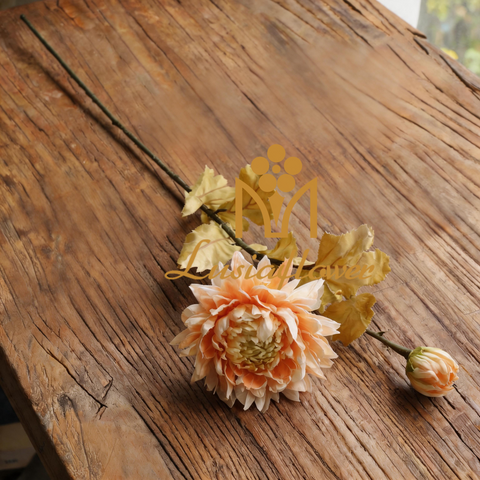 Artificial 2 Head Chrysanthemum King Protea Stem 73cm Faux Warm Apricot Dried-Look Bloom with Bud and Autumn Leaves for Rustic Fall Wedding Home Vase Decor Wholesale