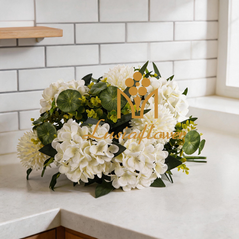 Artificial 17-Fork Pompon Mum & Hydrangea Bouquet Bunch 53cm Faux Cream White Mixed Flower with Green Foliage for Wedding Home Vase Decor Wholesale