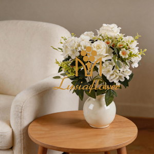 Artificial 15-Head No.21 Rose & Hydrangea Bouquet 61cm Cream White with Wild Flower Accents & Mixed Foliage for Tall Vase Garden Wedding Decor Wholesale