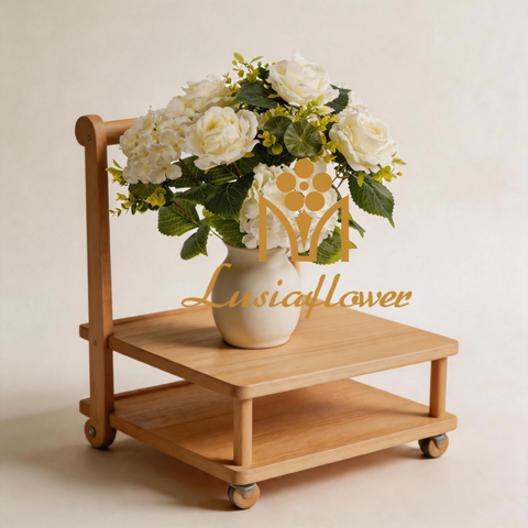 Artificial 15-Head No.21 Rose & Curled-Petal Hydrangea Bouquet 62cm Cream White with Lotus Leaf & Broad Veined Foliage for Tall Floor Vase Large Wedding Decor Wholesale